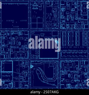 Blue image of a city street with a large square in the middle. The square is surrounded by buildings and has a park in the middle Stock Vector