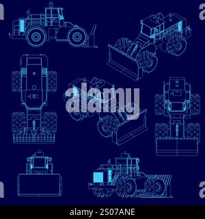 Blue drawing of a tractor with a large plow. The tractor is shown from different angles and in different sizes Stock Vector