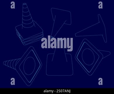 Series of blue drawings of traffic cones. The cones are all different shapes and sizes. Scene is playful and whimsical Stock Vector