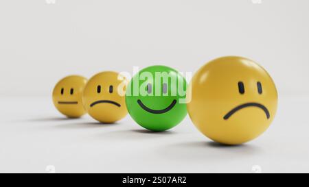 Small balls showing different types of emotions.Wood cube with smile, normal and sad face. Facial expressions. Mental health assessment.3D rendering Stock Photo