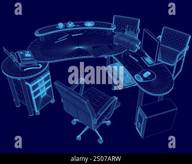 Blue computer desk with a chair and a keyboard. The desk is surrounded by a computer monitor, a mouse, and a laptop Stock Vector