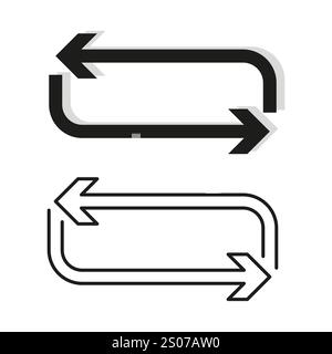 Double arrow icon. Looping vector shape. Reverse flow symbol. Black and white outline. Stock Vector