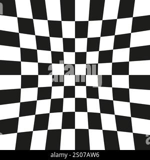 Warped chessboard pattern. Optical illusion design. Curved grid shape. Black and white vector. Stock Vector