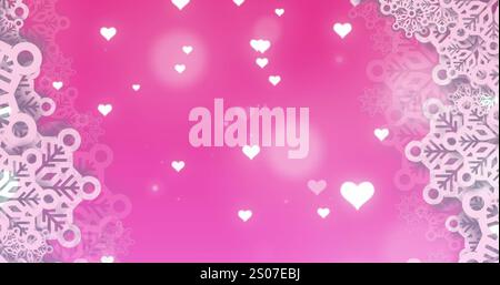 Image of glowing heart icons against snowflakes pattern on pink background with copy space Stock Photo
