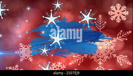 Image of stars and blue stain over snowflakes on red background Stock Photo