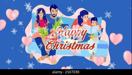 Image of hearts, snowflakes, merry christmas text over family spending quality time on sofa Stock Photo