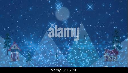 Image of snow falling over christmas trees and stars in winter scenery Stock Photo