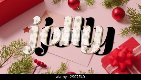 This image features red christmas decorations and envelopes on a white background Stock Photo