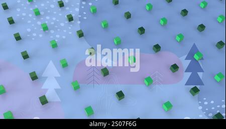 Image of green 3d cube icons in seamless pattern over christmas tree icons on blue background Stock Photo