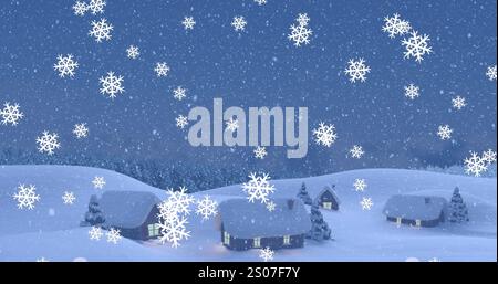 Image of snowflake icons falling over winter landscape with copy space Stock Photo