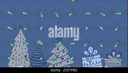 Image of abstract blue shapes in seamless pattern against christmas tree and gifts icons Stock Photo