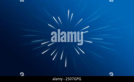 Blue neon light streaks radiating from the center on a dark background, evoking themes of technology, big data, and bots. Light effect. Dynamic radial Stock Photo