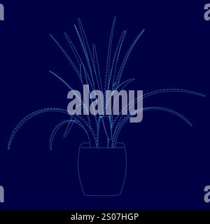 Blue image of a plant in a pot. The plant is tall and thin, with a long stem and leaves. The pot is small and round, and the plant is placed in the ce Stock Vector