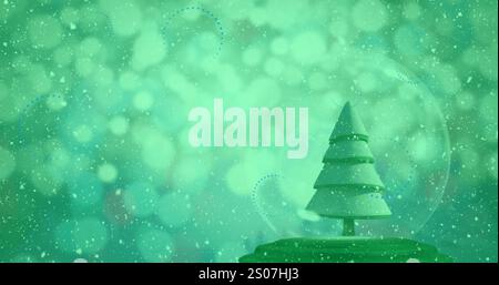 Image of christmas tree in snow globe and snow falling over green background Stock Photo