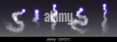 Rocket launch smoke trails with glowing purple engine flames - curling white exhaust streams, luminous thrust patterns, curved vapor formations. Spacecraft particle and space mission visual effects. Stock Vector