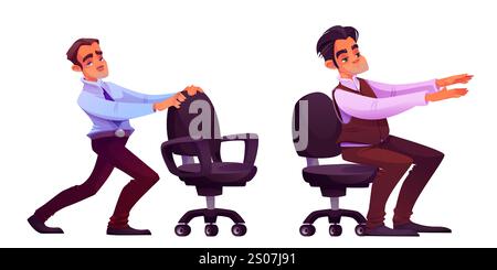 Stretch exercises at work - office employee doing chair based fitness movements. Man performs mobility training using furniture to maintain physical activity during desk job. Workplace wellness Stock Vector