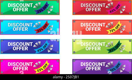 Set of Eight sale rectangular banners with 23 33 43 53 63 73 83 and 93 percent off with different colors Stock Vector