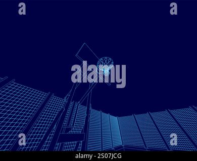 Blue basketball court with a basketball hoop in the center. The hoop is empty Stock Vector