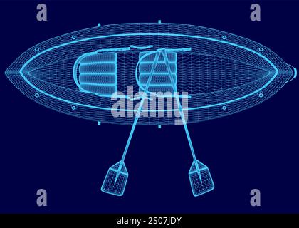 Blue kayak with two paddles on it. The paddles are attached to the kayak and are ready to be used Stock Vector