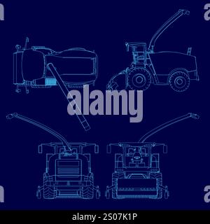 Blue drawing of a tractor with a large hose attached to it. The drawing is in blue and is a close up of the tractor Stock Vector