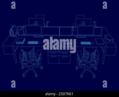 Blue drawing of a desk with two chairs and a computer. The chairs are facing each other and the desk is filled with various items such as a keyboard, Stock Vector