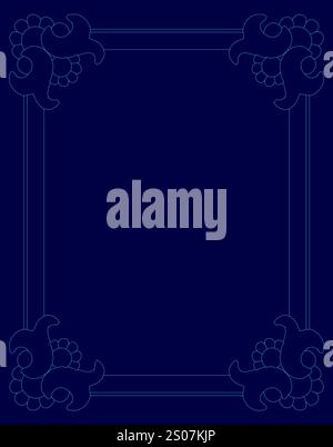 Blue frame with a design of a bird on it. The bird is in the center of the frame and has a curved tail Stock Vector