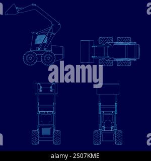 The image is a blue drawing of a machine with a shovel on the front. The machine is designed to be used for digging and moving materials. The shovel i Stock Vector