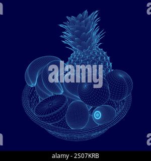 Blue image of a bowl of fruit, including a pineapple. The fruit is stylized and he is in a 3D format. The bowl is filled with a variety of fruits, inc Stock Vector