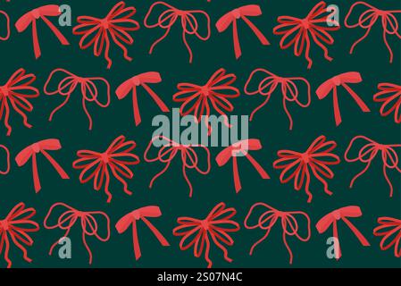 Seamless vector pattern with red ribbons in flat style on green background. Surface design with bows perfect for backgrounds, gift wrapping Stock Vector