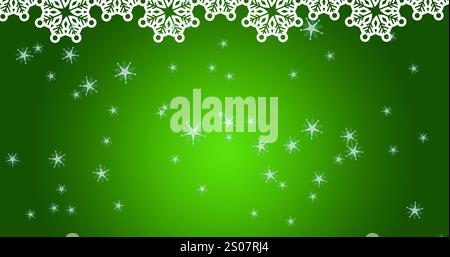Image of snowflakes falling over green background, copy space Stock Photo