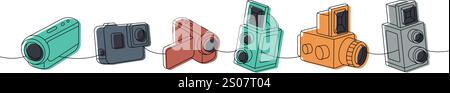 Photo camera set one line colored continuous drawing. Professional video and action camera, old photo camera. Vector linear illustration. Stock Vector
