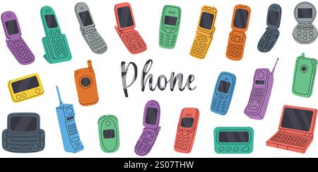 Retro phones. Old communication gadgets. Retro electronic devices. Phone with keypad, flip mobile, pager, cell phone, old telephone. Stock Vector
