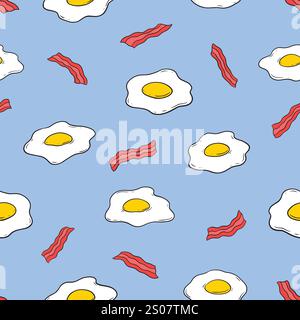 Bacon and Eggs doodle seamless pattern. Cartoon illustration vector illustration background. Sunny Side up pattern for web and digital media Stock Vector