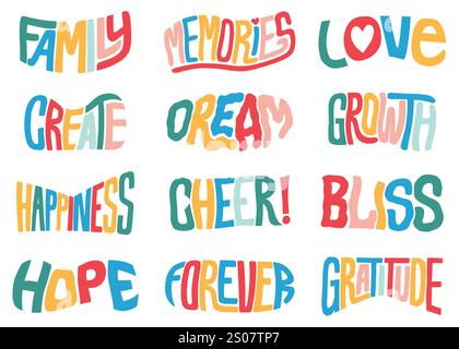 Family themed positive words lettering compilation set.  Vector Lettering design illustration for web, t-shirt design, other graphic design use Stock Vector