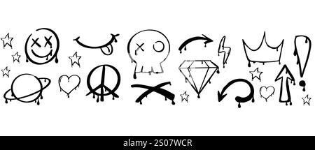 Graffiti y2k groovy tattoo hand drawn paint with splatter street drawing seamless border. Heart, smile arrow elements, ink print. Trendy splash brush illustrations. Vector illustration Stock Vector