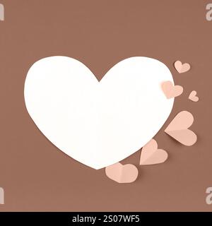 Greeting card template with blank white sheet of paper in the shape of heart on dark beige background Stock Photo