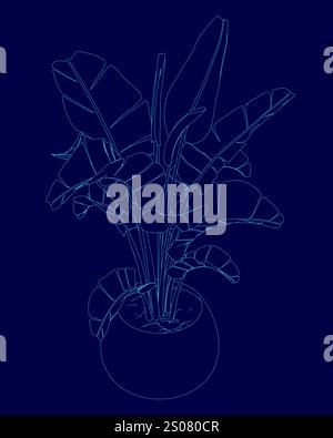 Blue drawing of a plant in a vase. The drawing is of a plant with long green leaves and a stem Stock Vector