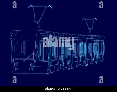 Blue train with a blue background. The train is shown in a 3D drawing. The train is long and has many windows Stock Vector