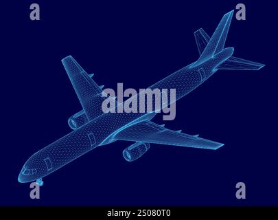 Blue airplane is shown image. The image is of a very detailed airplane, with the wings and tail visible. The image has a futuristic and technological Stock Vector