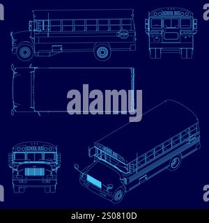 Blue bus with the word "bus" on the front. The bus is shown in different angles and is a school bus Stock Vector