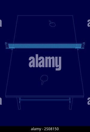 Blue image of a ping pong table with a net. The table is empty and the net is in the middle of the table Stock Vector