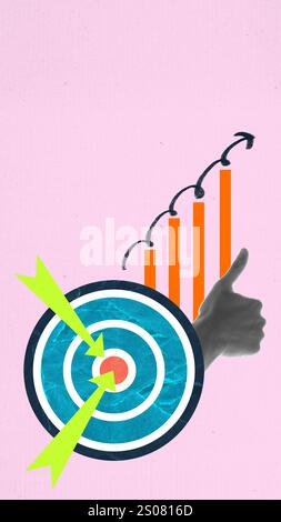 Poster. Contemporary art collage. Hand giving thumbs-up near target with two green arrows and an orange upward graph in background . Stock Photo