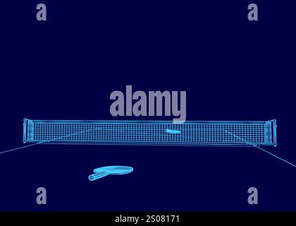Tennis net is shown in blue and white, with a tennis ball on the ground. The net is stretched out, and the ball is positioned near the center of the i Stock Vector