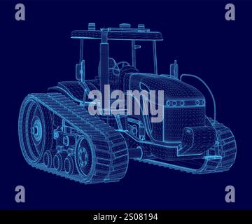 Blue drawing of a tractor. The tractor is shown in a stylized way, with a focus on its wheels and tracks. Concept of motion and power Stock Vector