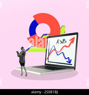 Poster. Contemporary art collage. Woman in blazer and skirt holding tablet near laptop showing chart with pie diagram. Graph trends upward Stock Photo