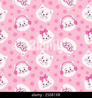 Seamless pattern with cat faces and dots  Stock Vector