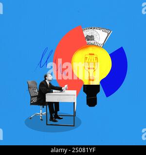 Poster. Contemporary art collage. Man in suit at desk gazing at large light bulb. Vibrant pie chart and dollar note accentuate scene Stock Photo