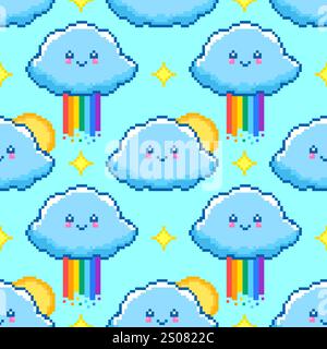 Pixel art seamless pattern with clouds with rainbow and suns  Stock Vector