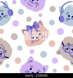 Seamless pattern with cat faces and dots  Stock Vector