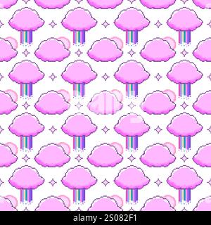 Pixel art seamless pattern with clouds with rainbow and suns Stock Vector